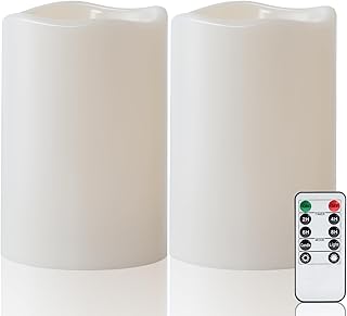 Amagic 2 Pack 6" x 4" Outdoor Plastic Electric flameless Candles with Remote Control and Timer, Battery Operated Flickering LED Pillar Fake Candle for Home, Wedding Decor, Ivory
