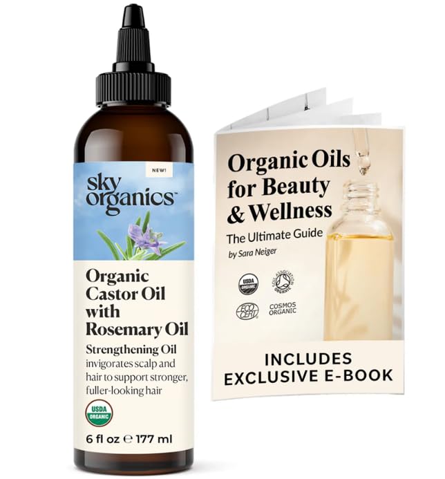 Sky Organics USDA Organic Castor Oil with Rosemary Oil, Strengthening Oil, Pure Potent Blend, Hexane Free, Invigorates Scalp, Supports Stronger, Fuller-Looking Hair, DIY ebook included