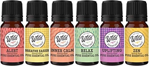 Wild Essentials 6 Pack Synergy Blend Aromatherapy Essential Oil Gift Set 100% Pure, Undiluted 10ml Bottles of Breathe Easy, Alert, Inner Calm, Relax, Uplifting, Zen, Made in USA