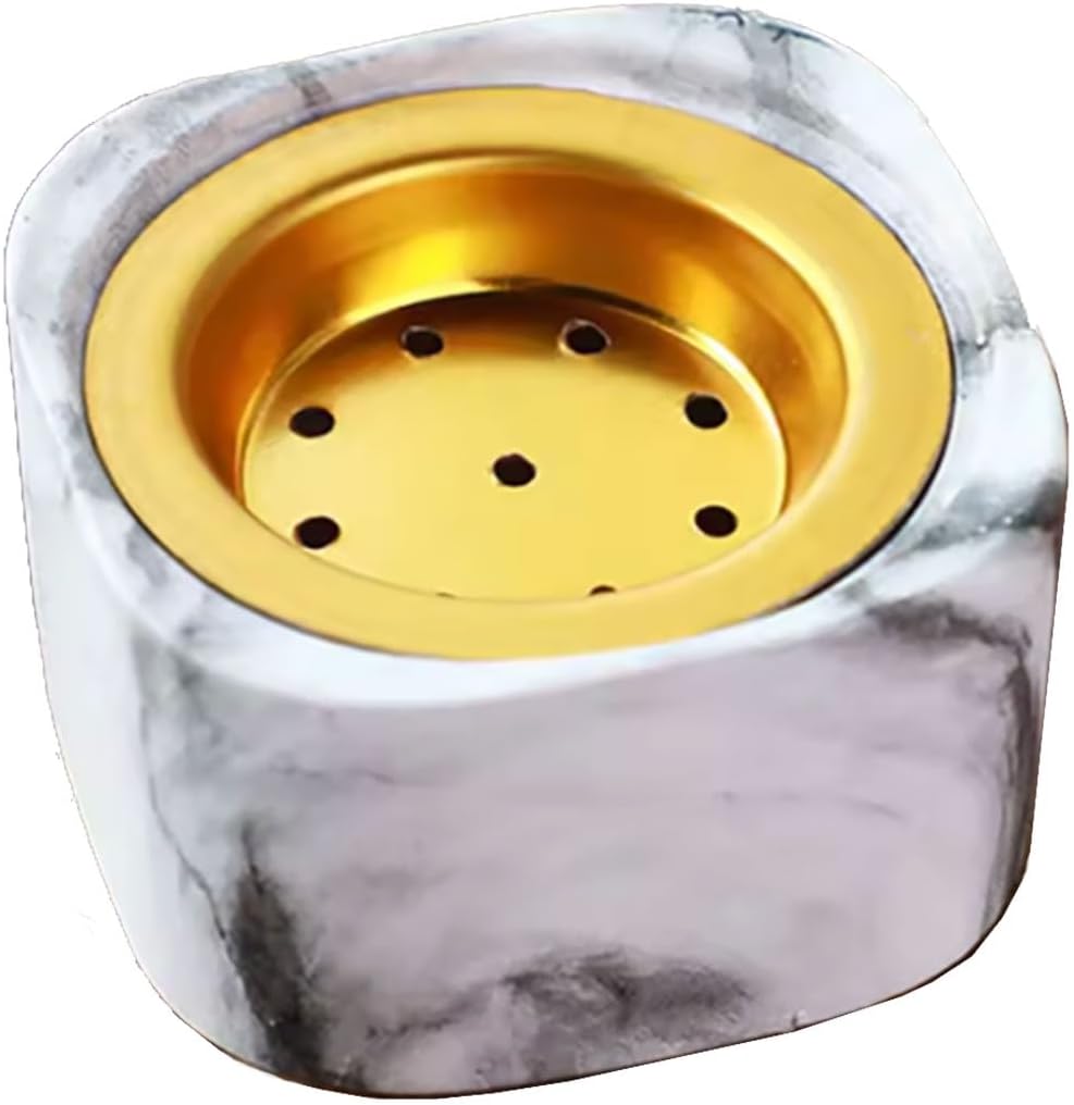 Mini Marble-Patterned Ceramic Incense Burner with Brass Tray for Bakhoor, Resin, and Cones, 2.75 x 2.75 x 1.5 inches; Ideal for Maison d'Orient Charcoal Briquettes (33mm & 44mm)