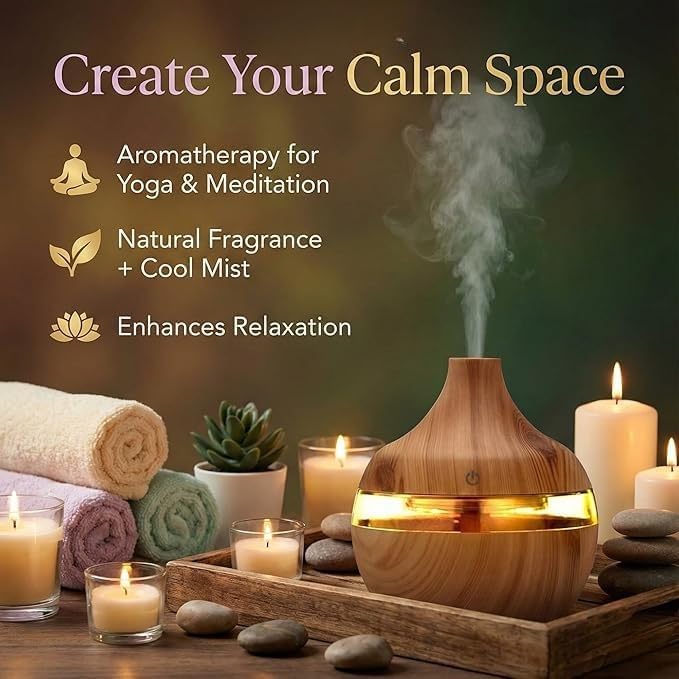 Wood Grain Essential Oil Diffuser, USB Powered Ultrasonic Humidifier, LED Light, Teardrop Shape, 300ml Capacity