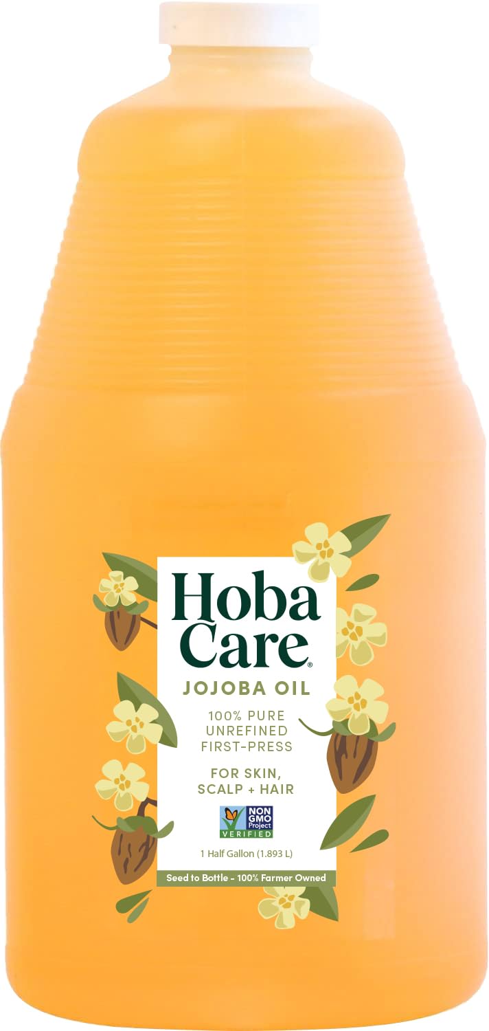 HobaCare Natural Jojoba Oil Bulk - 100% Pure Unrefined Carrier Oil for Skincare, Hair, Face, Beard, Scalp Massage, Bath - Hexane-Free, Long Shelf Life (64 oz Half Gallon)