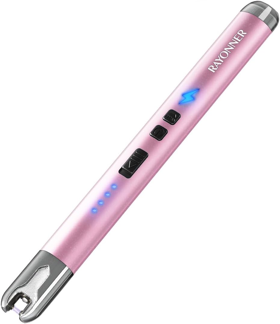 RAYONNER Electric Candle Lighter with Flashlight, Pink | USB C Rechargeable, Plasma Arc, Windproof, For Deep Candles, Gas Stove, Camping Grill Fireworks