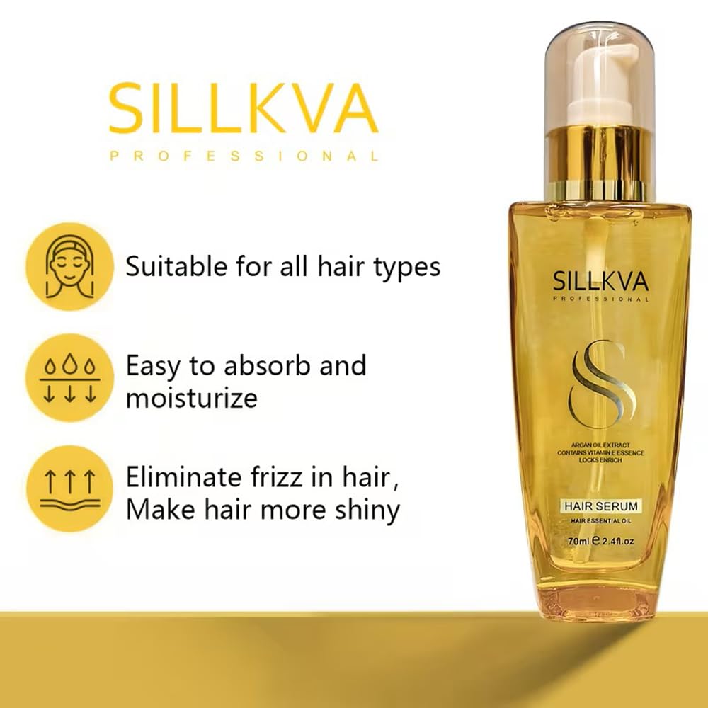 SILLKVA PROFESSIONAL Argan Oil Hair Serum 2.4oz for All Hair Types with Vitamin Essence Smooths Frizz Moisturizes & Enhances Shine - Best Gift