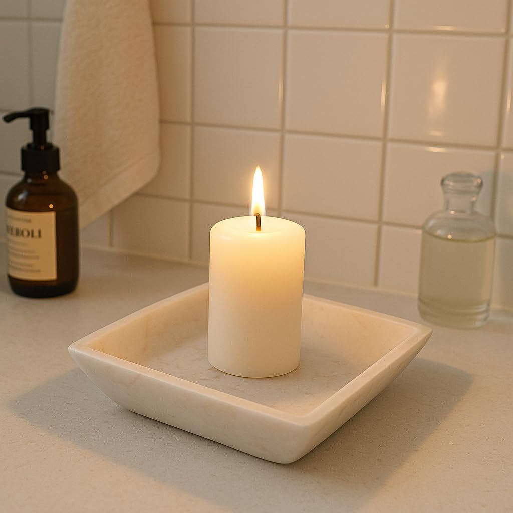 Creative Home Natural Champagne Marble Boat Shaped Candle Holder Candle Plate Accessory Organizer, Small, Beige