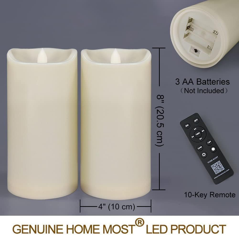 Pack of 2 Large Outdoor LED Pillar Candles 4x8 with Timer and Remote - IP65 Waterproof Battery Operated LED Pillar Candles Ivory Body - Oblique Edge Flickering Flameless Pillar Candles