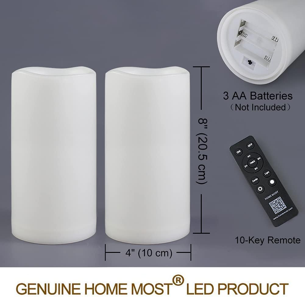 Pack of 2 Large Outdoor LED Pillar Candles 4x8 White with Timer and Remote – IP65 Waterproof Battery Operated LED Pillar Candles - Flickering Flameless Pillar Candles Unscented for Outside