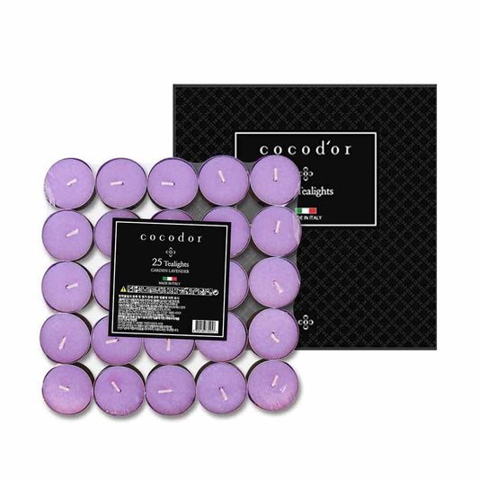 COCODOR Scented Tealight Candles/Garden Lavender / 25 Pack / 4-5 Hour Extended Burn Time/Made in Italy