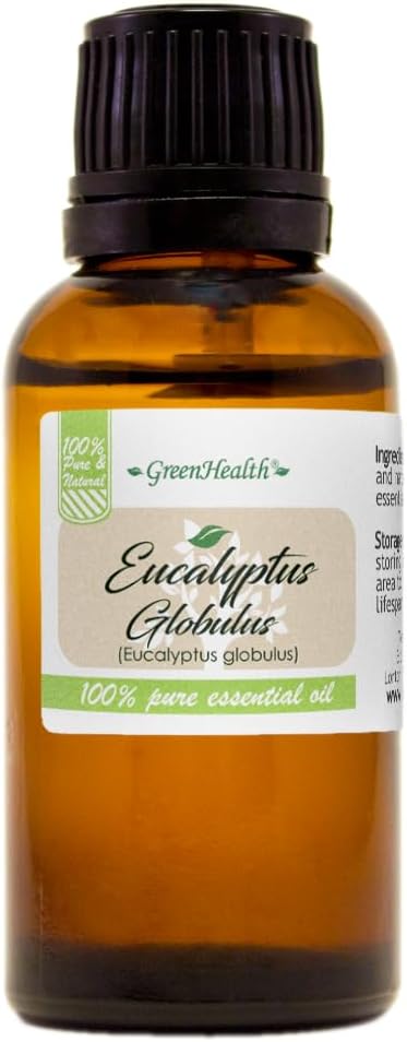 GreenHealth Eucalyptus Essential Oil – 1 fl oz (30 ml) Amber Glass Bottle w/Euro Dropper – 100% Pure Essential Oil