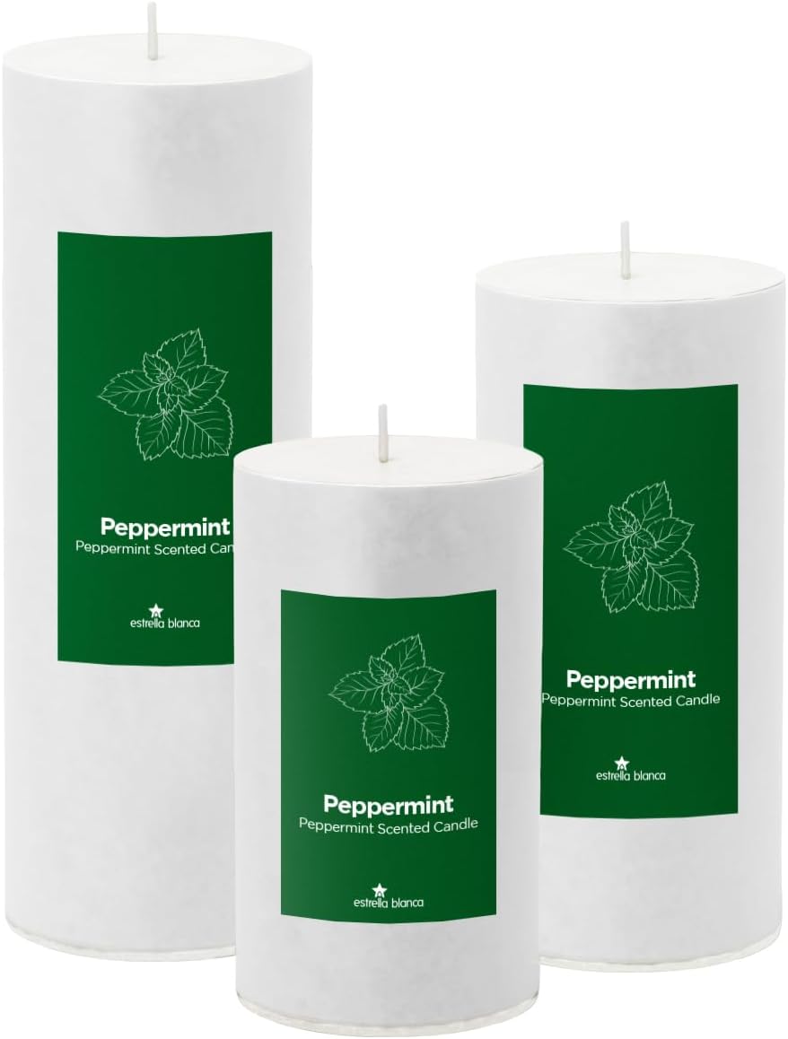 Peppermint Scented White Pillar Candles, Set of 3 Different Size 3x4 3x6 3x8 inch, Long Lasting Fall Candles for Home, Gifts for Women Men