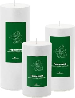 Peppermint Scented White Pillar Candles, Set of 3 Different Size 3x4 3x6 3x8 inch, Long Lasting Fall Candles for Home, Gifts for Women Men