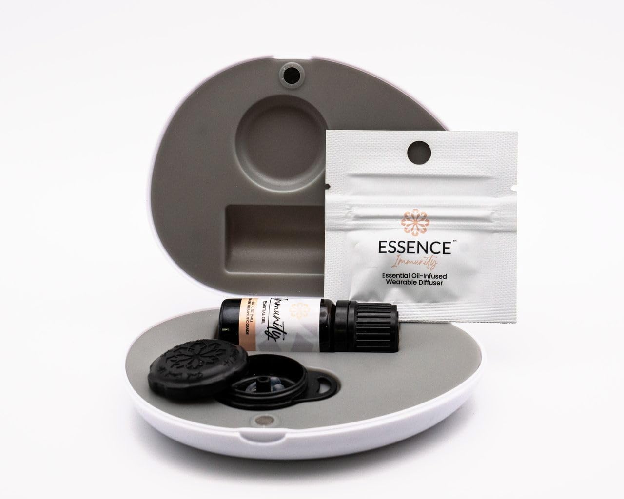 Essence Pearl Travel Case | Immunity Essential Oil | Aromatherapy Nasal Diffuser & Essential Oil Carrying Case | Eucalyptus, Lemon & Cinnamon Blend | Travel-Friendly Kit | Black Pod