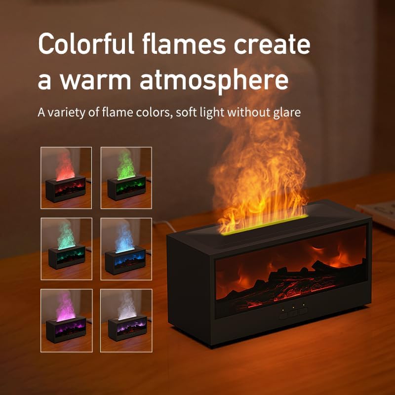 Essential Oil Diffuser, Flame Fireplace Aromatherapy Diffuser, 150ML Ultrasonic Cool Mist Humidifier with 7 Colors Light, Timer and Auto-Off for Home Room Office