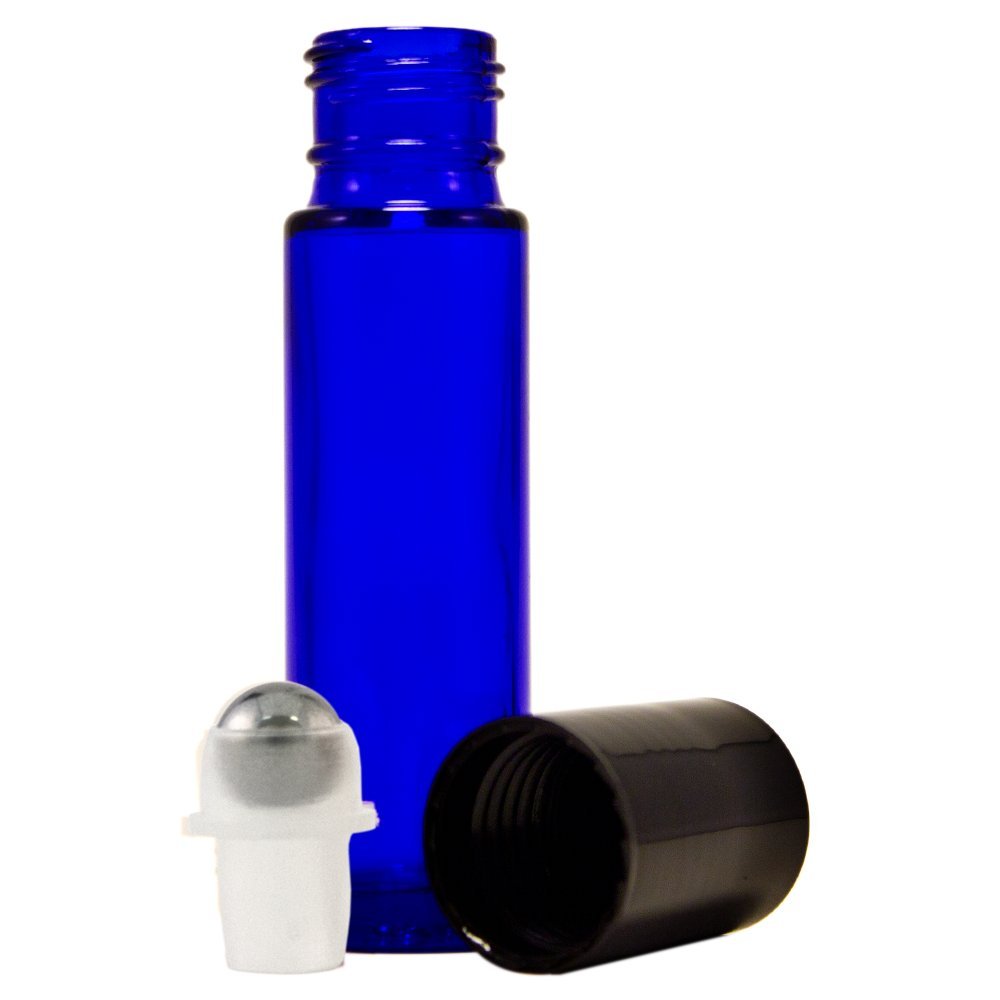 GreenHealth 24 Glass Cobalt Blue Essential Oils Roller Bottles Refillable 10 ml Roll On Perfume/Aromatherapy/Organic Beauty Bottles with Stainless Steel Roller Balls & Cap, with 3-3 ml Droppers