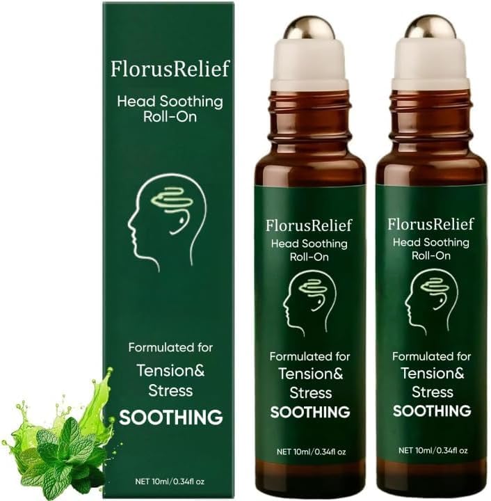 Florus Relief Roll on, Migraine Roll on with Magnesium Glycinate, Lavender, Peppermint, Chamomile for Headache Support, 2PCS.