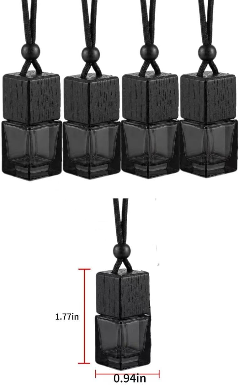 4Pcs Hanging Car Air Freshener Empty Diffuser Bottles, Black Glass Essential Oil Perfume Pendant for Auto Home Office Decoration