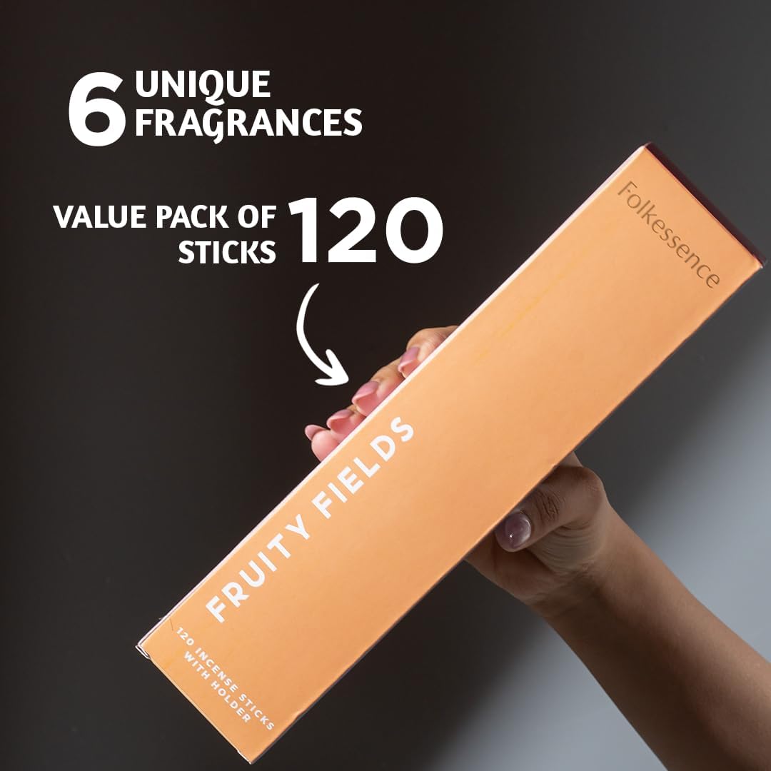 Folkulture Incense Sticks with Holder (120 Sticks) | Set of 6 Fruit Incense Sticks for Energy & Relaxation | No Charcoal, Non Toxic, Long Burning Ocean Breeze, Mango, Strawberry Insence-Sticks