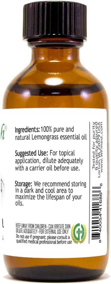 GreenHealth Essential Oil - 2 fl oz (59 ml) Glass Bottle with Cap - 100% Pure Essential Oil (Lemongrass)