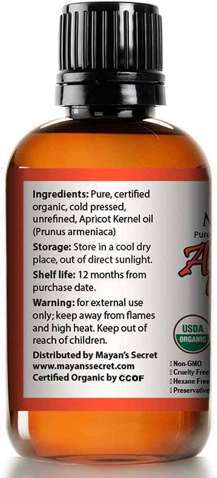 Mayan’s Secret Organic Apricot Kernel Oil – Cold Pressed & Unrefined Moisturizing for Skin, Face, and Hair – Pure Organic Apricot Seed Oil in Amber Glass Bottle with Dropper, 4 oz. - USDA Certified