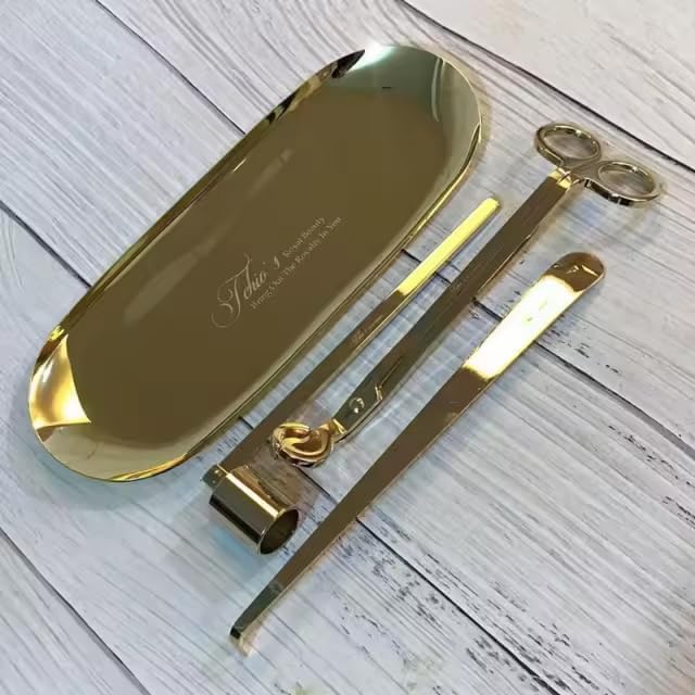 Candle Wick Trimming Set – 4-Piece Gold-Plated Kit with Decorative Tray – Wick Trimmer, Snuffer, Dipper – Luxury Gift Box Included