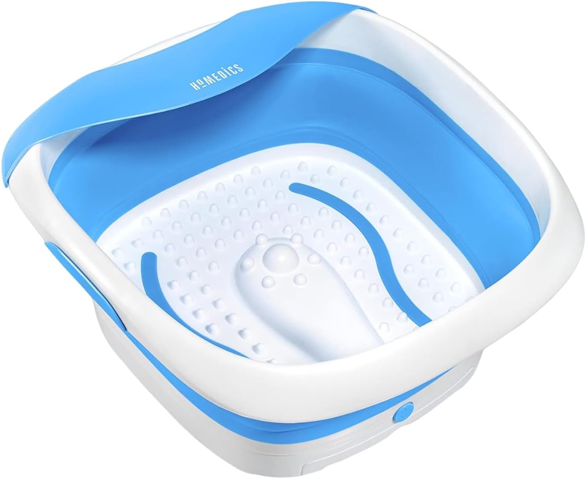 HoMedics Compact Pro Spa Collapsible Footbath with Heat Maintenance, Vibration Massage, ACU-Node Surface, Improves Circulation, Soothe Tired Muscles, Tub for Easy Storage, Blue and White