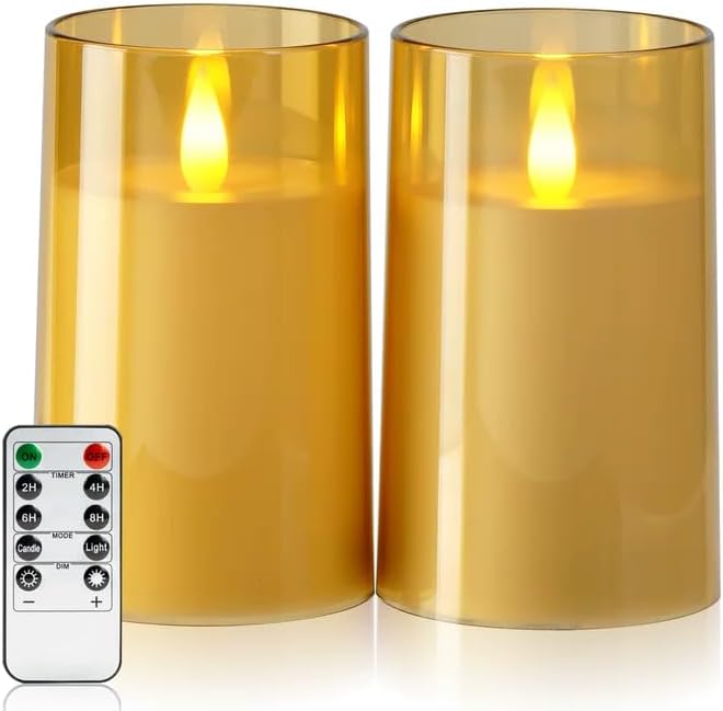 Amagic 3"×5" Gold Flameless Candles with Remote and Timer, Realistic Flickering Battery Operated Acrylic Led Fake Candles for Home Wedding Party Fall Christmas Decor, Set of 2