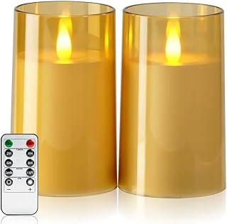 Amagic 3"×5" Gold Flameless Candles with Remote and Timer, Realistic Flickering Battery Operated Acrylic Led Fake Candles for Home Wedding Party Fall Christmas Decor, Set of 2