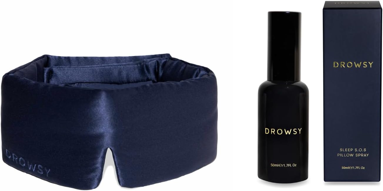 DEEP Sleep Gift Bundle - Gift Sleep This Season. Luxury Silk Sleep mask - Drowsy Midnight Blue Sleep mask and Drowsy Deep Sleep SOS Pillow Spray