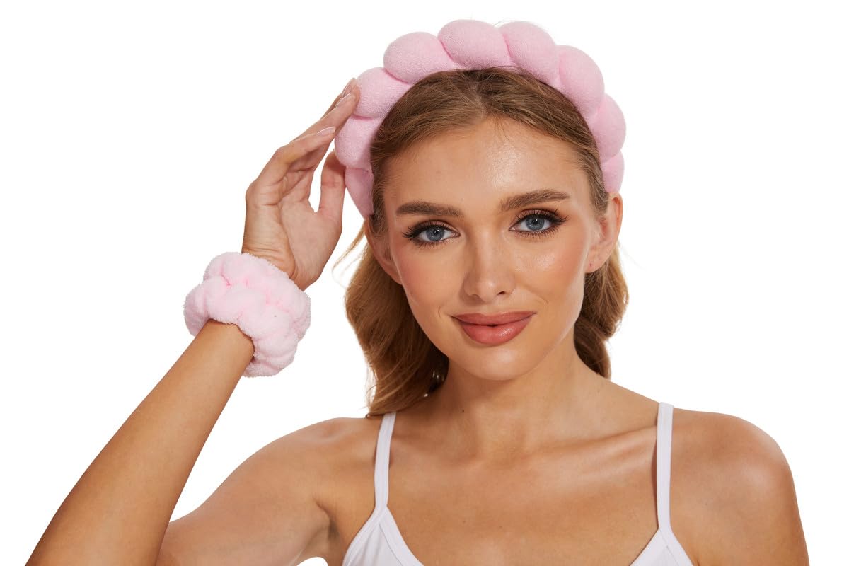 Soft Puffy Headband for Washing Face – Terry Cloth Skincare & Makeup Removal Hair Band for Women & Girls | Non-Slip Bubble Spa Headbands for Facial, Exfoliating, Bath & Beauty Routine