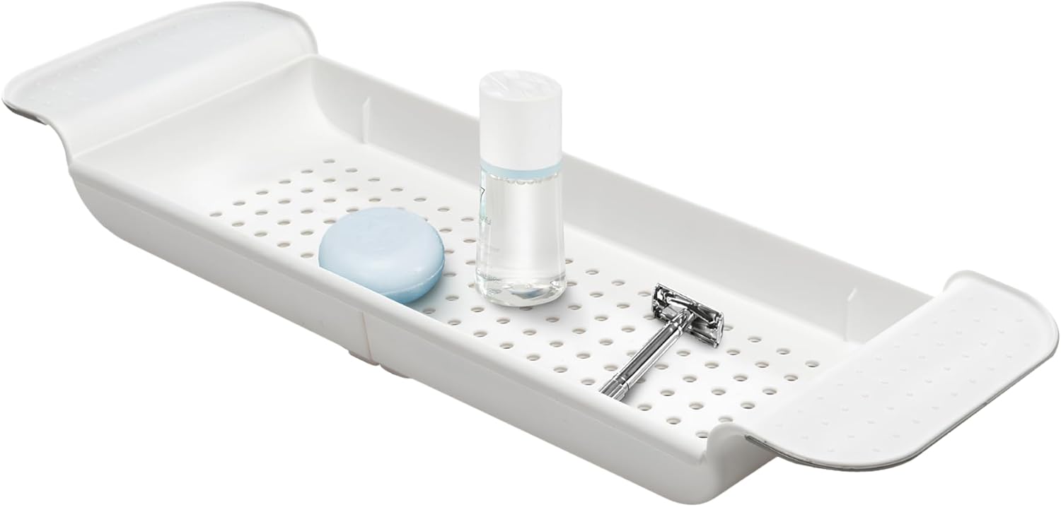 madesmart Expandable Bath Shelf, Adjustable Bathtub Tray for Bath-Night, Holds Glasses, Soaps, Toys & Bath Essentials, Non-Slip Grip, Fits Most Tubs, White
