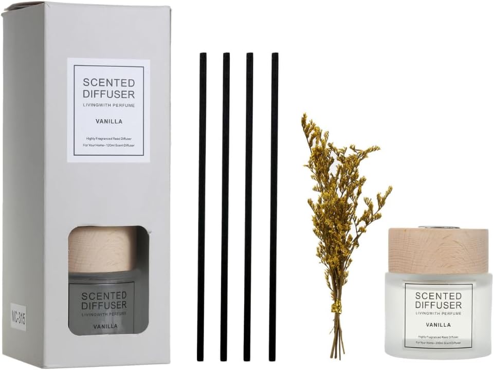 Vanilla Scented Reed Diffuser Set (200ml) with 4 Reed Sticks, Home Fragrance Scented Diffuser for Bathroom Shelf Office Decor & Gifts