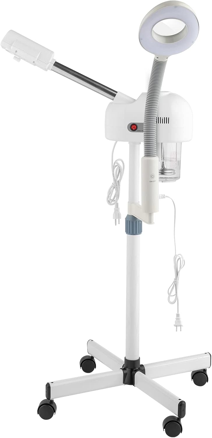Professional Facial Steamer,2 in 1 Facial Steamer on Wheels,Esthetician Facial Steamer,Face Steamer for Personal Skin Care Deep Cleaning,with 3X Magnifying Lamp,for Spa, Salon and at Home Use (White)