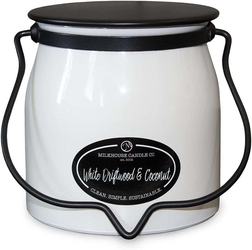 Milkhouse Candle Company White Driftwood & Coconut Soy Candle - Coconut Water | Mandarin Orange | Rosewater Scented - 16 oz Butter Jar with Lid, 65+ Hour Burn Time, Made in the USA