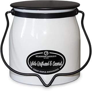 Milkhouse Candle Company White Driftwood & Coconut Soy Candle - Coconut Water | Mandarin Orange | Rosewater Scented - 16 oz Butter Jar with Lid, 65+ Hour Burn Time, Made in the USA
