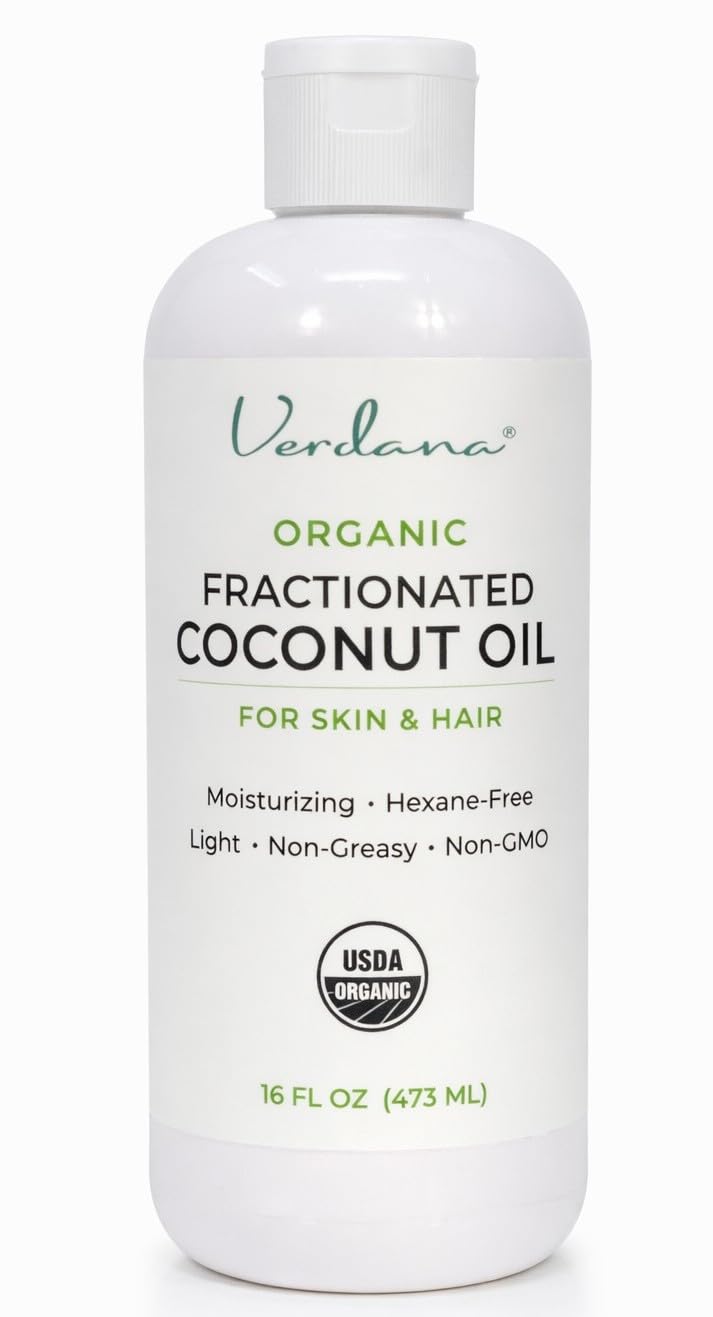 Verdana Organic Fractionated Coconut Oil for Skin & Hair – Lightweight, Fast Absorbing Carrier Oil for Essential Oils, Body & Scalp Care – USDA Organic, Unscented
