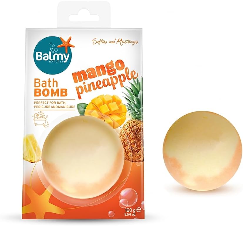 Balmy Mango Pineapple Bath Bomb – Tropical Scented Fizzy with Vitamin E & Glycerin, Moisturizing 5.6 oz