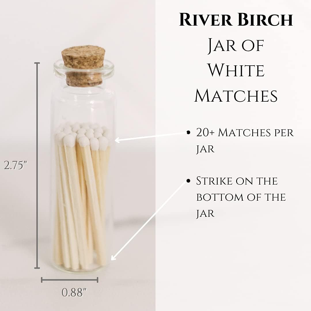 River Birch White Tip Matches in Jar with Striker - Decorative Home Matches with Glass Match Holder - Wooden Match Sticks for Candles - Set of 6 Bottles with Safety Matches - 2 Inches, 120 Matches