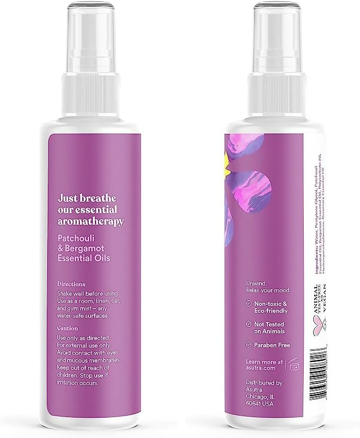 ASUTRA Multi-Use Essential Oil Aromatherapy Spray (Patchouli & Bergamot), 4 fl oz – Mist for Face, Body, Rooms & Linens – Car, Fabric, and Bathroom Freshener