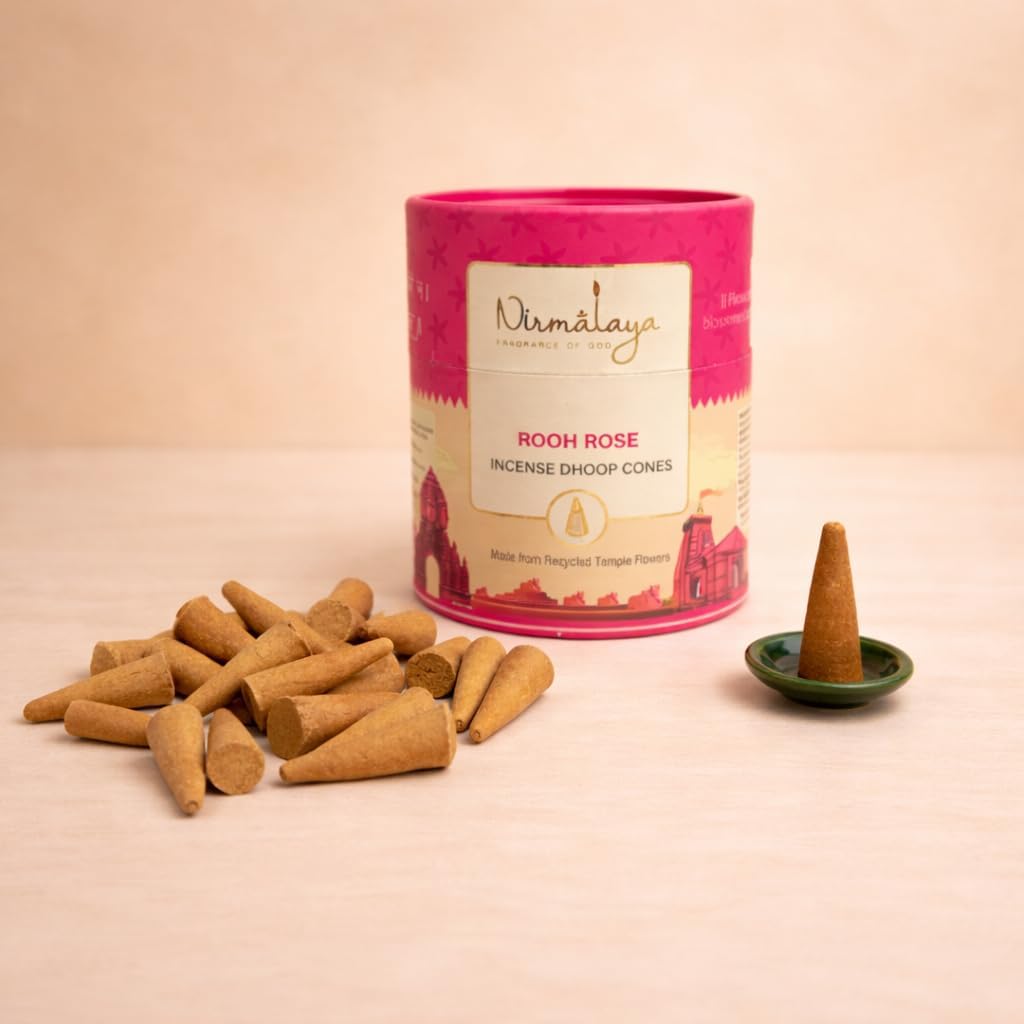 Nirmalaya Premium Rose Incense Dhoop Cones with Free Stand | Charcoal-Free & Organic | Made with Recycled Temple Flowers | 25+ Min Burning Time | 60 Cones