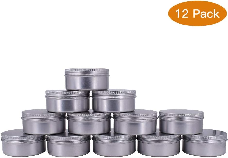 6-Ounce 12 Pack 180ml Empty Silver Round Aluminum Tin Cans Screw Top Metal Tins Aroma Hair Wax Tins Cosmetic Container Organization for Accessories DIY Beauty Salve Crafts Spice Candles