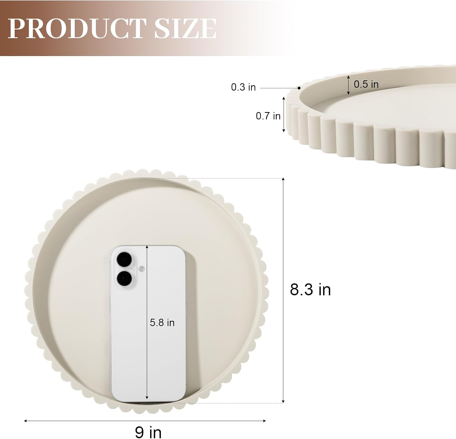 Round Bathroom Tray Silicone Kitchen Counter Decor Vanity Organizer Decorative Coffee Table Tray for Perfume, Candle, Soap Dish, 9 Inch, Beige