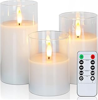 Amagic Clear Glass Flameless Candles Battery Operated with Timer, Remote Control, LED Pillar Candles, Battery Powered, Valentine's Day Decor, Pure White Wax, Set of 3