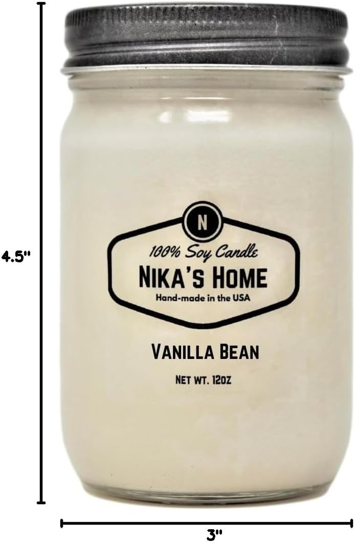 Vanilla Bean Soy Candle - 12oz Mason Jar - Non-Toxic - Hand Poured in The USA, Long Burning 50-60 Hours Highly Scented All Natural, Clean Burning