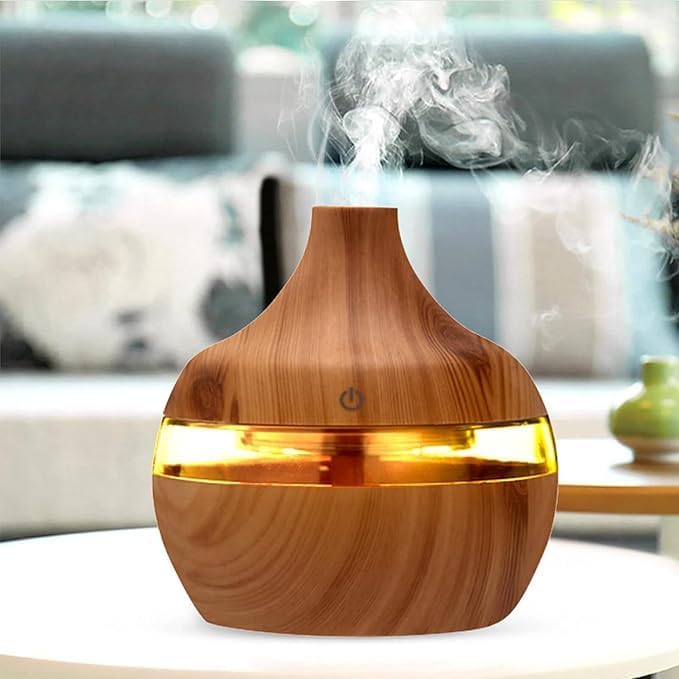 Wood Grain Essential Oil Diffuser, USB Powered Ultrasonic Humidifier, LED Light, Teardrop Shape, 300ml Capacity