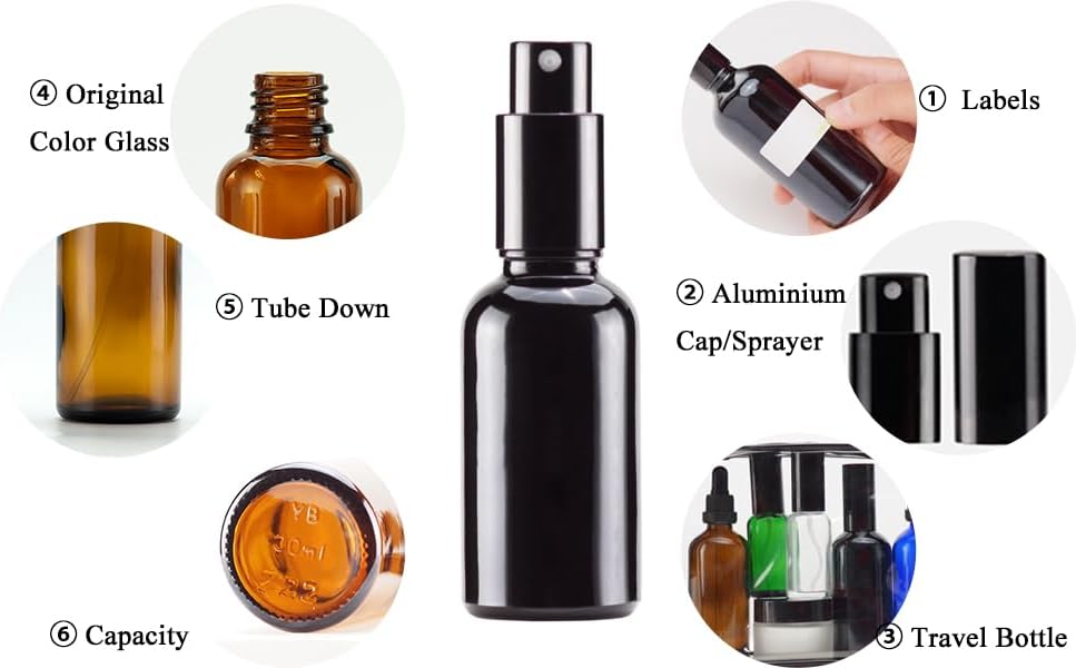 YIZHAO Black Glass Spray Bottles 1oz, with Small Fine Mist Spray, Metal Cap, Refillable for Essential Oil,Travel,Cleaning,Perfume,Aromatherapy,Makeup – 6 Pcs