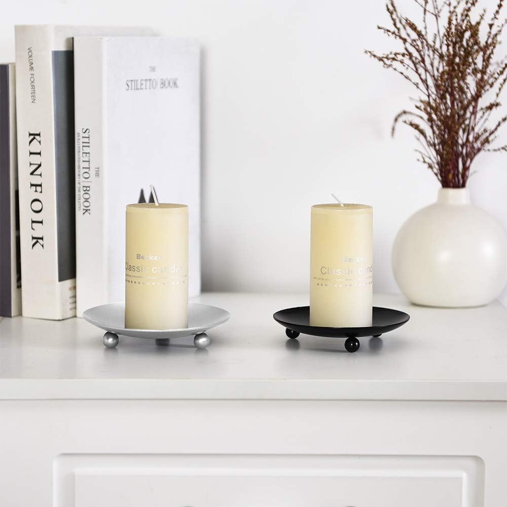2 Sets Iron Plate Candle Holder, Roucerlin Decorative Iron Candle Plate, Premium Pedestal Stand Candlestick Plates for Wax (Silver)