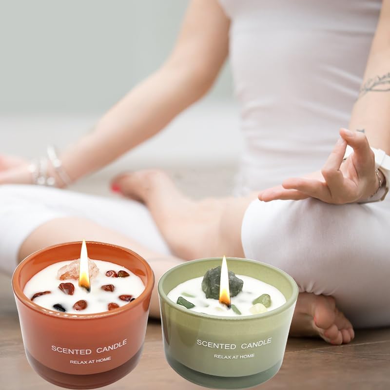 Healing Crystal Candles Chakra Jar Candle Soy Candle Gifts for Women Scented Candle Set 2 Pack Green and Orange