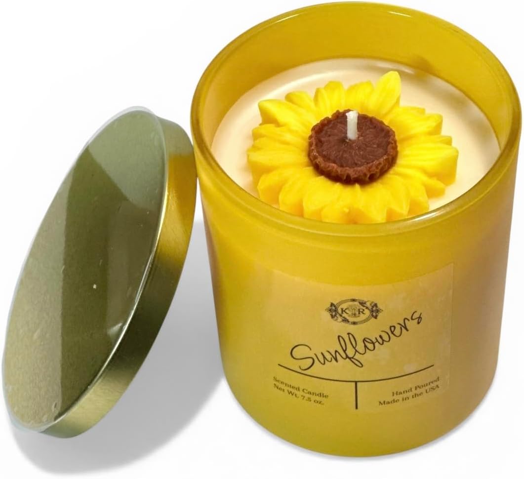 K_R Sunflowers Scented Candle, Hand Poured para-Soy Wax, Glass Jar with Metal lid. Gift Box Included.