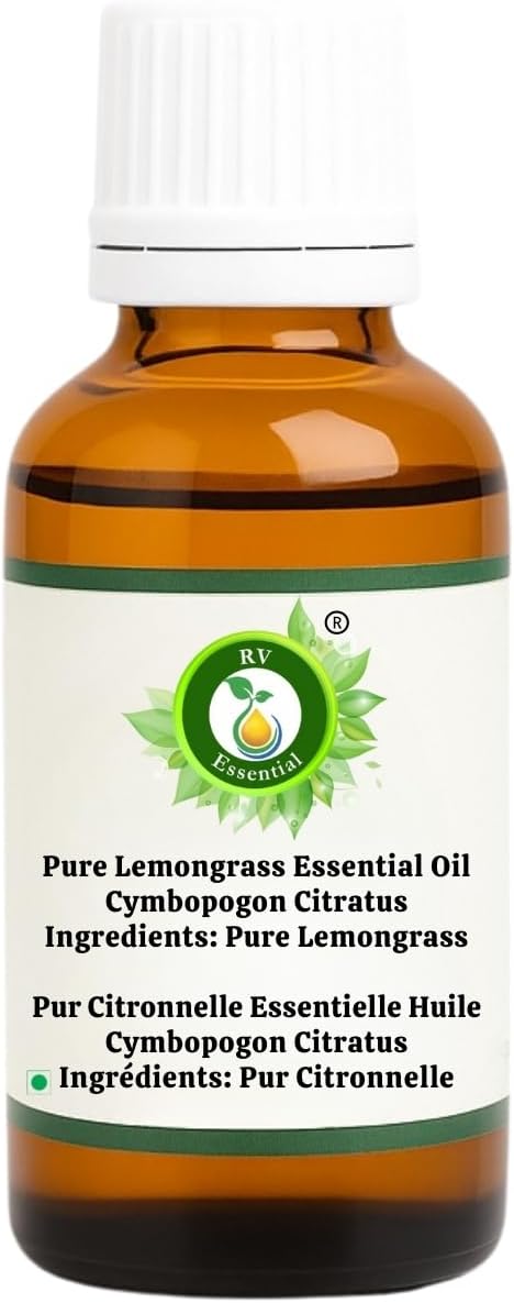 R V Essential Pure Lemongrass Essential Oil 100ml (3.38oz)- Cymbopogon Citratus (100% Pure and Natural Therapeutic Grade)