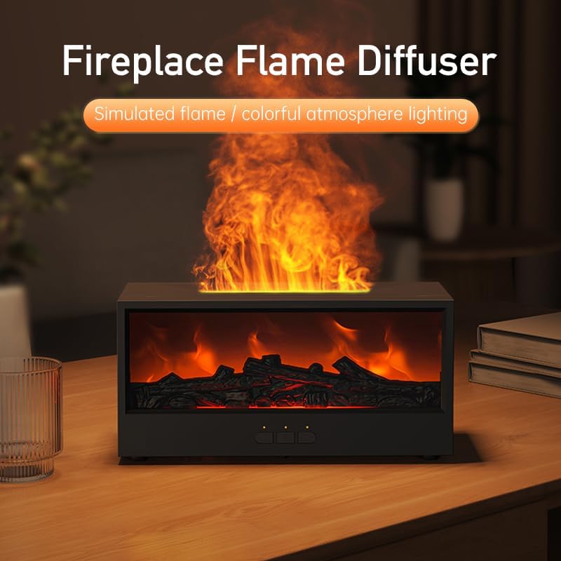 Essential Oil Diffuser, Flame Fireplace Aromatherapy Diffuser, 150ML Ultrasonic Cool Mist Humidifier with 7 Colors Light, Timer and Auto-Off for Home Room Office